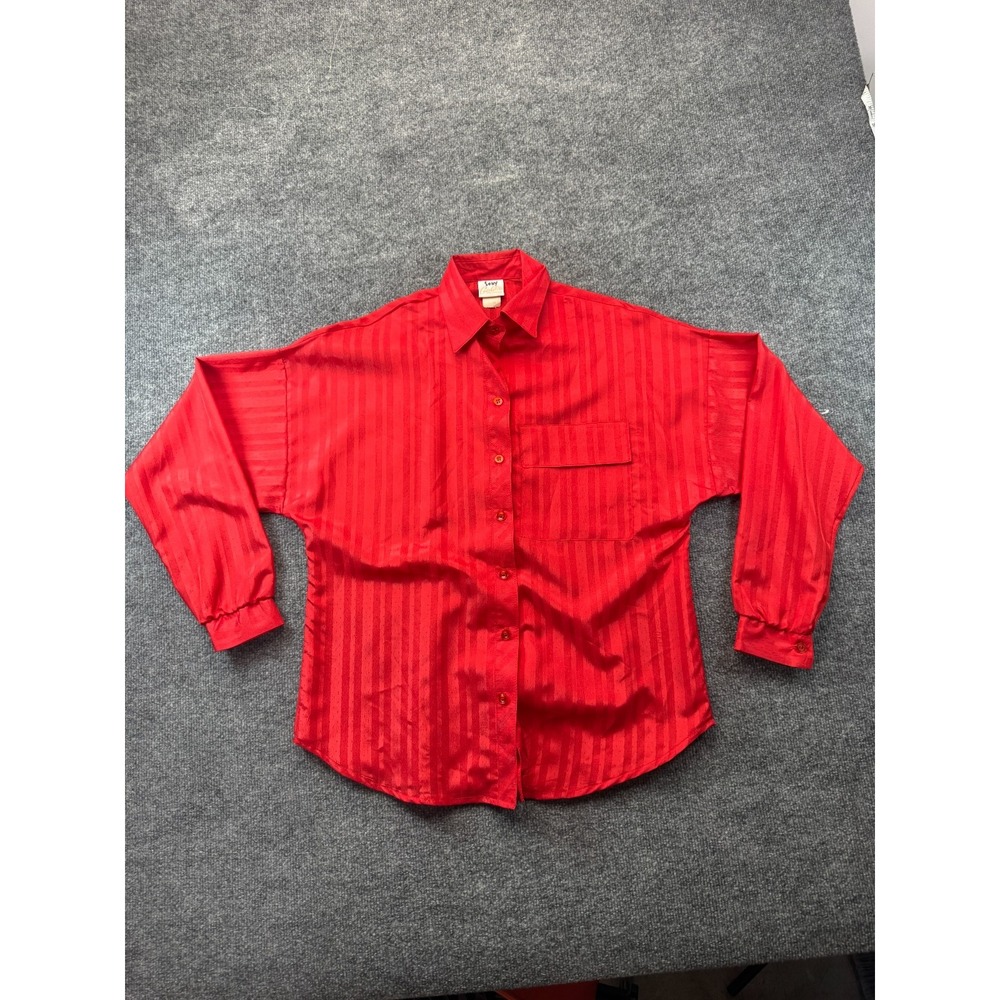 Goldie Shirt Top Womens 11-12 Red Striped Satin Collared Office Career Button Up